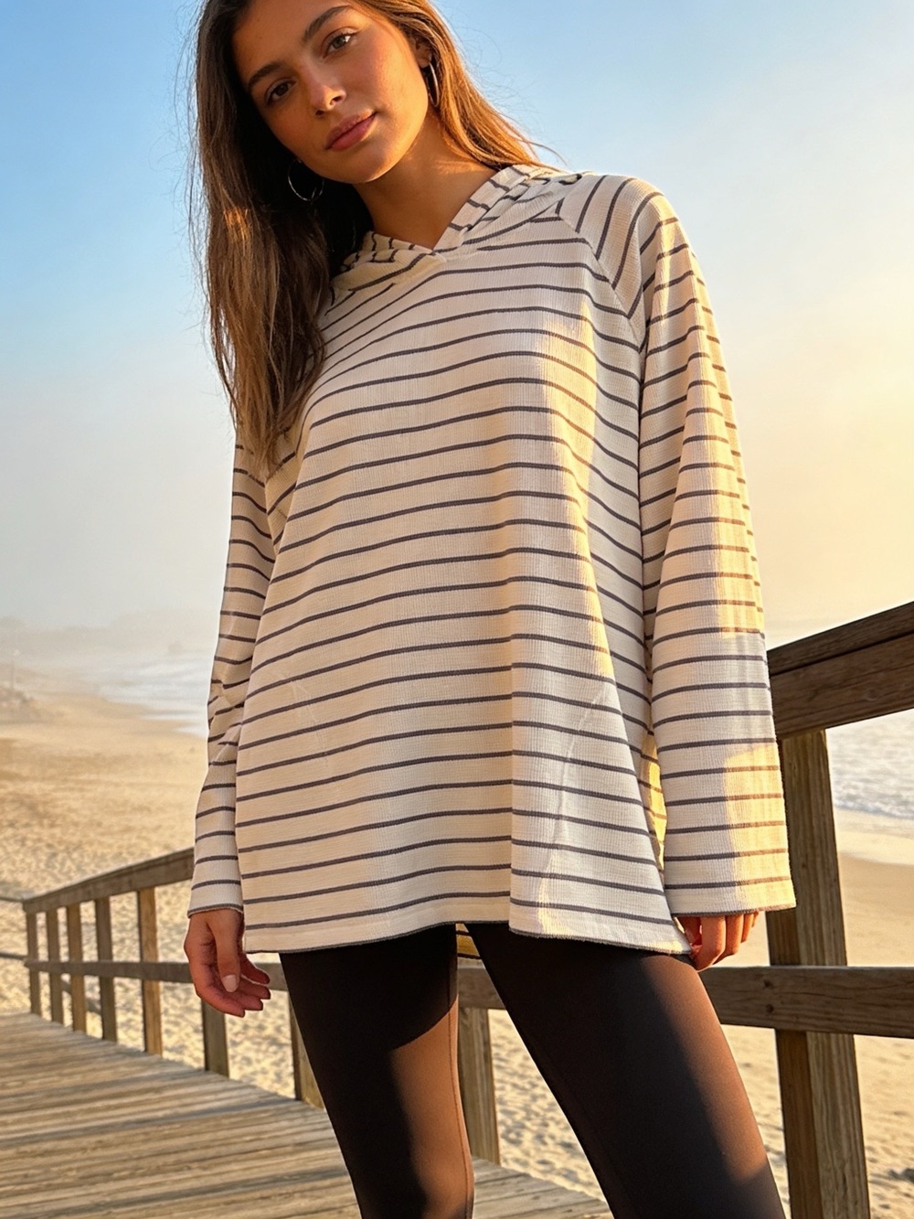 Max & Mia Striped Thermal Lounge Hoodie Pullover Top XL